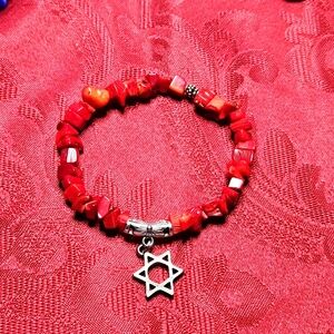NWT Genuine Red Coral Chips with silver accents Stretch Bracelet